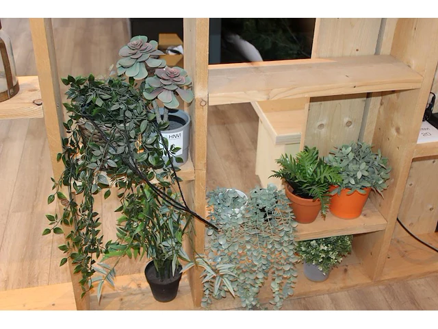 Kunstplantjes op vier schappen. - afbeelding 1 van  2