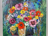 Kunstwerk, gemengde techniek, maya wildevuur, bloemen op vaas, 2014