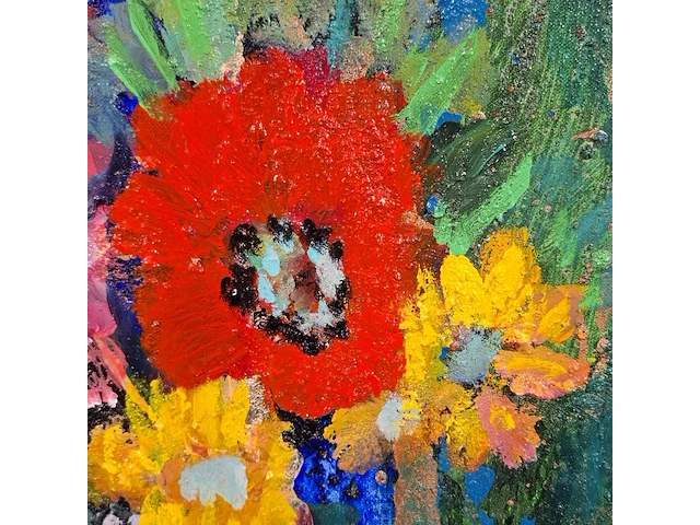 Kunstwerk, gemengde techniek, maya wildevuur, bloemen op vaas, 2014 - afbeelding 3 van  10