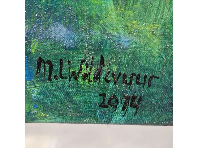 Kunstwerk, gemengde techniek, maya wildevuur, bloemen op vaas, 2014 - afbeelding 6 van  10