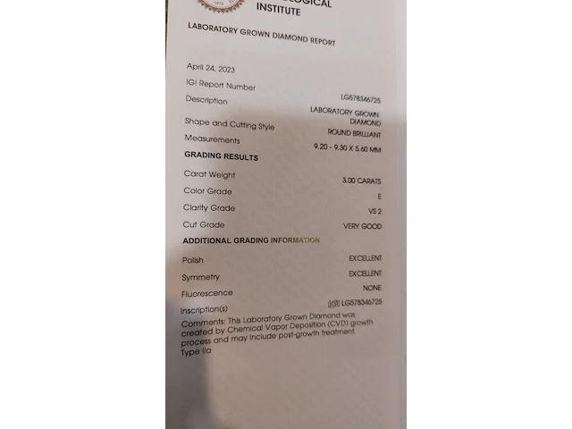 Laboratory grown diamond 3.00 carat (igi gecertificeerd) - afbeelding 3 van  3