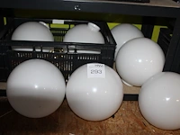 Lampen en zeven lampenkappen met doorsnede in kunststof krat en op schap. - afbeelding 1 van  1