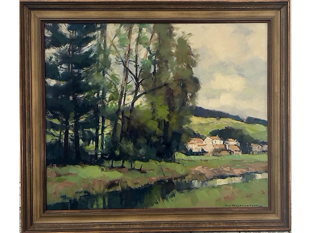 “landschap met een beekje”, groot olieverfschilderij van fons verstraeten - afbeelding 1 van  4