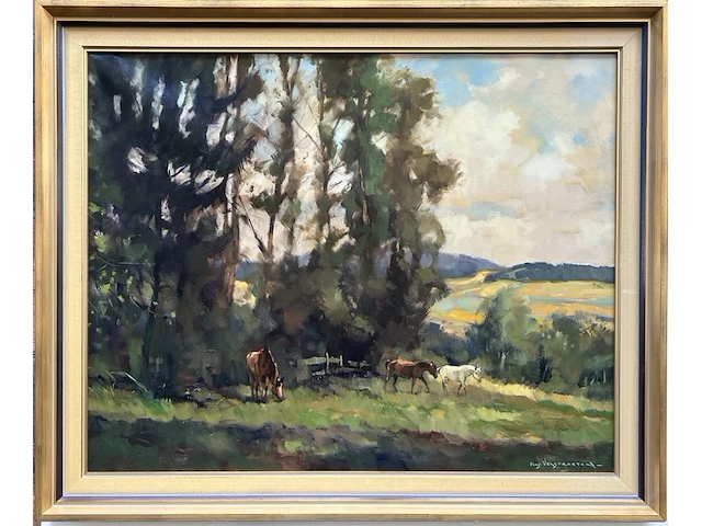 “landschap met paarden” groot olieverfschilderij geschilderd door fons verstraeten - afbeelding 1 van  6
