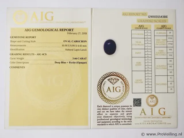 Lapis lazuli 3.66ct aig certified - afbeelding 4 van  4