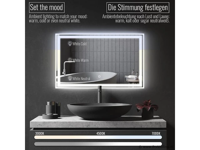 Led-badkamerspiegel, 100 x 60 cm, anti-condens, dimbaar, energiebesparend, met digitale klok/datum, 3000-7000 k, badkamerspiegel, led-spiegel, lichtspiegel, wandspiegel voor badkamer - afbeelding 5 van  7