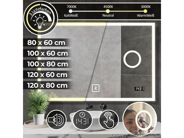 Led spiegel - digitale klok - touchscreen - dimbaar - bluetooth luidspreker - 100 x 60 cm - afbeelding 2 van  7