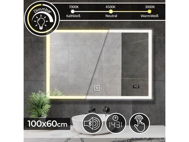 Led spiegel - digitale klok - touchscreen - dimbaar - bluetooth luidspreker - 100 x 60 cm - afbeelding 3 van  7