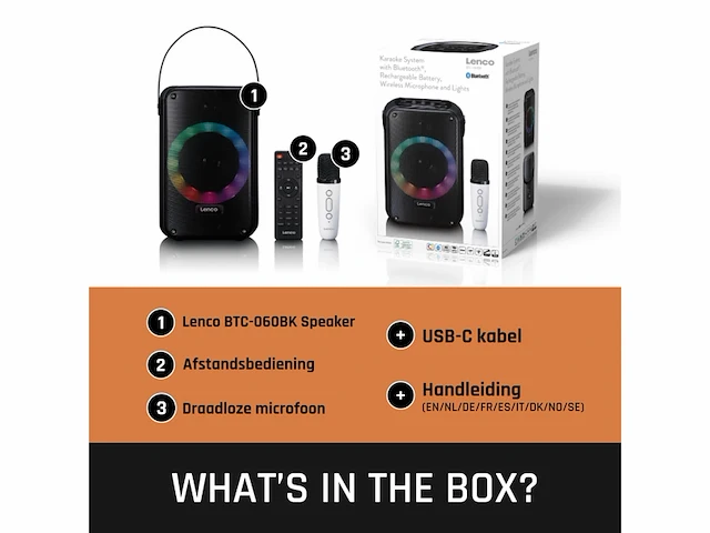 Lenco btc-060bk karaoke set met bluetooth, oplaadbare batterij, draadloze karaoke-microfoon en disco led-verlichting,zwart - afbeelding 2 van  5