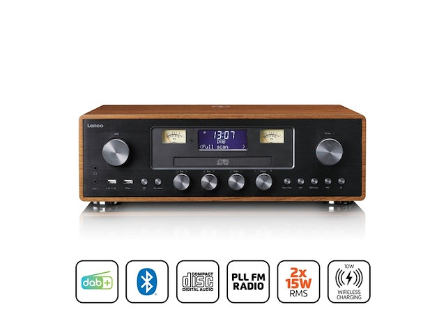 Lenco dar-081wd dab+/fm radio met cd-speler usb bluetooth en draadloos oplaadpunt hout/zwart - afbeelding 2 van  3
