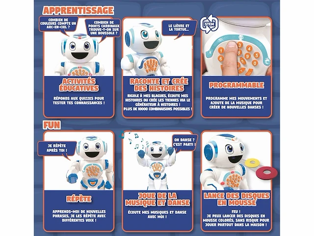 Lexibook interactive robot powerman star spreekt en loopt, programmeerbaar stem voor kinderen 4+, wit/blauw - afbeelding 2 van  4