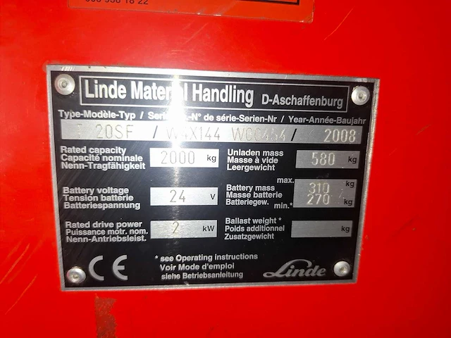 Linde - 2008 - t20 - elektrische palletwagen - afbeelding 9 van  9