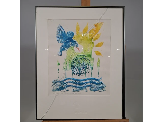Linosnede in lijst, voorstelling nuenen in vogelvlucht, liza jazenko, 2000 - afbeelding 1 van  9