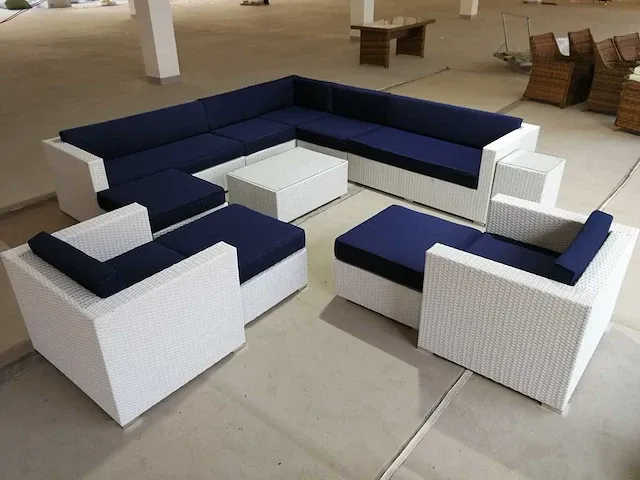Loungeset - 12-delig wicker wit / marine blauwe kussens - afbeelding 1 van  1