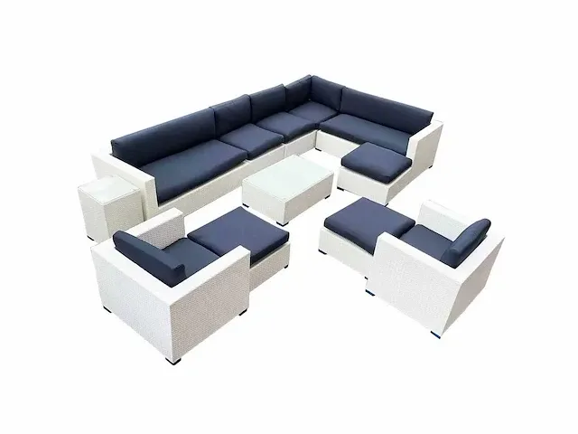 Loungeset 12-delig white wicker / blauwe kussens - afbeelding 1 van  1