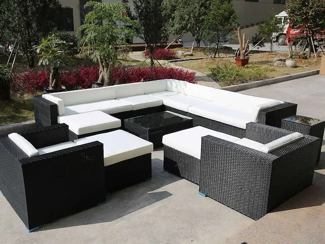 Loungeset 12-delig wicker zwart / zandkleurige kussens - afbeelding 1 van  2