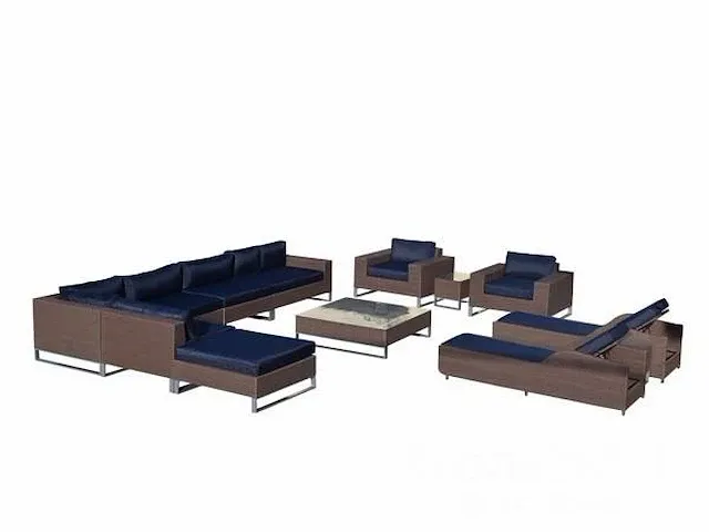 Loungeset 13-delig donkerbruin wicker / navy blauwe kussens - afbeelding 1 van  1
