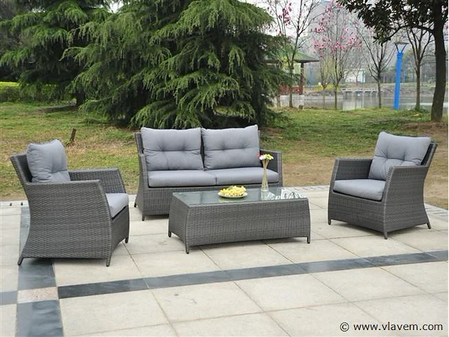 Loungeset 4-delig - antraciet wicker + grijze kussens - weerbestendig vlechtwerk - afbeelding 1 van  3