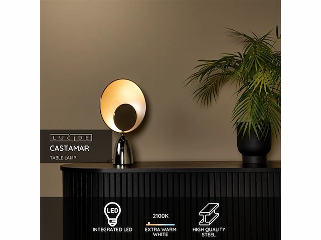 Lucide castamar - tafellamp - 255 cm - led - 1x8w 2100k - chroom - afbeelding 2 van  3