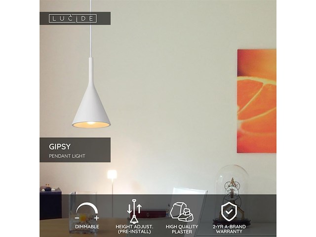 Lucide gipsy hanglamp 165 cm 1xe27 wit - afbeelding 3 van  3