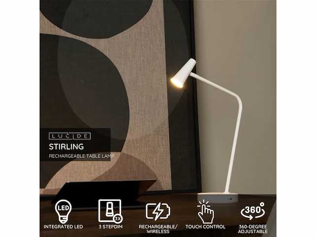 Lucide stirling - oplaadbare bureaulamp - accu/batterij - led 3 stepdim - 1x3w 2700k - wit - afbeelding 3 van  4