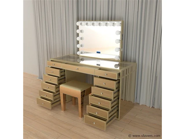 Luxe kaptafel met verlichting - 1500x600x810mm - goudkleurig - incl. krukje - afbeelding 10 van  12
