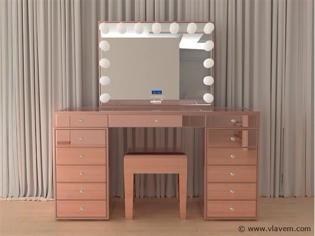 Luxe kaptafel met verlichting - 1500x600x810mm - hoogglans roze - incl. krukje - afbeelding 1 van  12