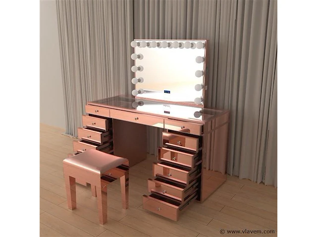 Luxe kaptafel met verlichting - 1500x600x810mm - hoogglans roze - incl. krukje - afbeelding 5 van  12