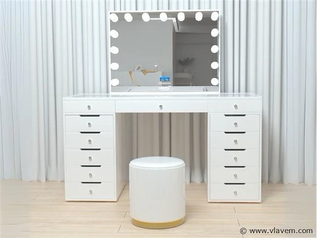 Luxe kaptafel met verlichting - 1500x600x810mm - hoogglans wit - incl. poef - afbeelding 1 van  11