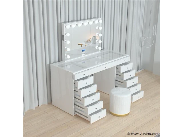 Luxe kaptafel met verlichting - 1500x600x810mm - hoogglans wit - incl. poef - afbeelding 6 van  11