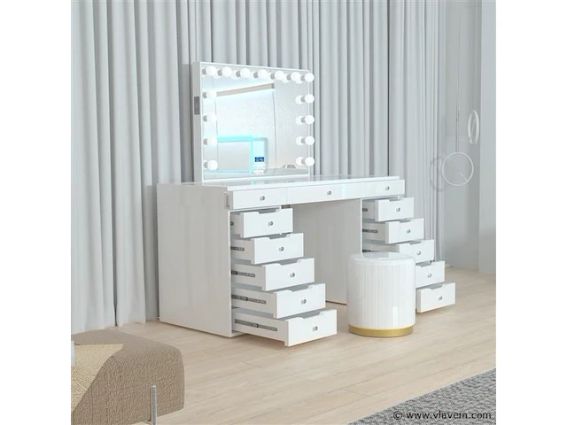 Luxe kaptafel met verlichting - 1500x600x810mm - hoogglans wit - incl. poef - afbeelding 9 van  11