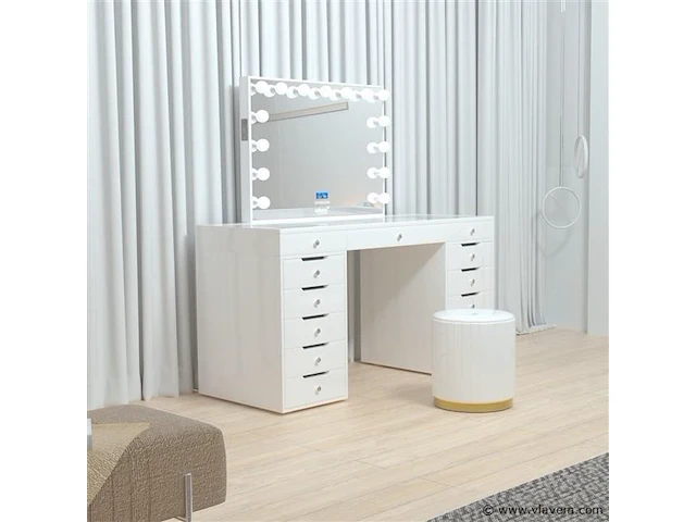 Luxe kaptafel met verlichting - 1500x600x810mm - hoogglans wit - incl. poef - afbeelding 10 van  11