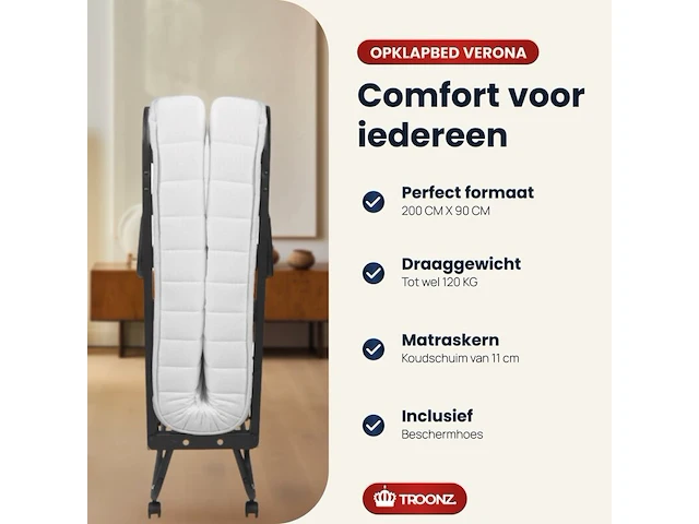 Luxe opklapbed/vouwbed met matras 90x200 cm troonz - afbeelding 2 van  4