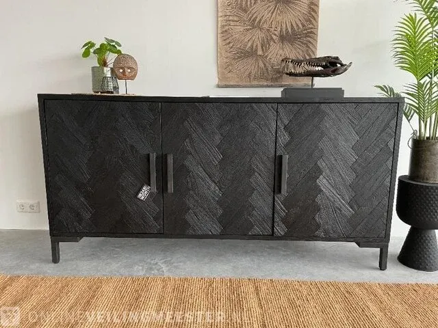 Luxe zwarte dressoir van teak met visgraat patroon tower living, zwart - afbeelding 1 van  10