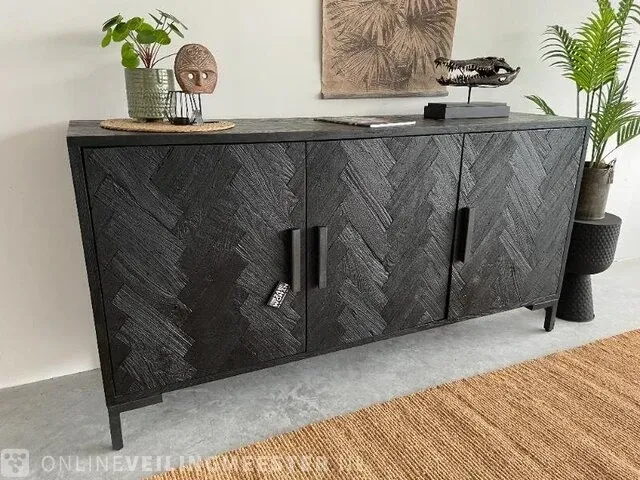 Luxe zwarte dressoir van teak met visgraat patroon tower living, zwart - afbeelding 3 van  10