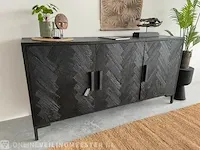 Luxe zwarte dressoir van teak met visgraat patroon tower living, zwart - afbeelding 3 van  10