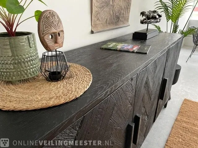 Luxe zwarte dressoir van teak met visgraat patroon tower living, zwart - afbeelding 4 van  10