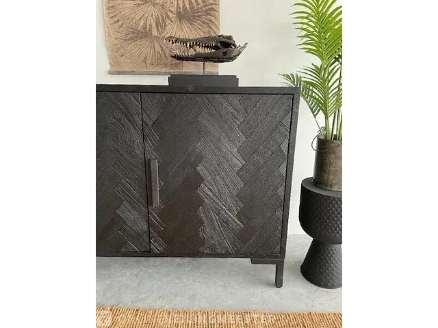 Luxe zwarte dressoir van teak met visgraat patroon tower living, zwart - afbeelding 7 van  10