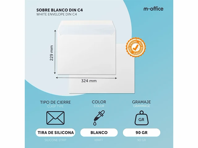 M-office papieren enveloppen formaat din c4 229 x 324 mm met siliconenzegel voor documenten, post of opslag (2000 st. 229x324mm)wit - afbeelding 2 van  3