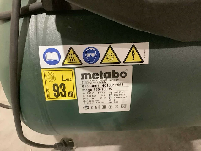 Metabo pneumatische compressor mega 350-100 w 90 l 10 bar - afbeelding 8 van  8