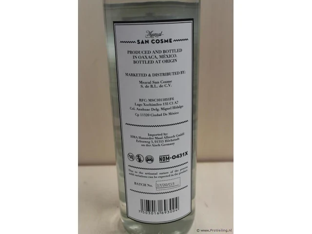 Mezcal san cosme oaxaca mexico - 70 cl - winkelverkoopprijs € 38.50 - afbeelding 3 van  3