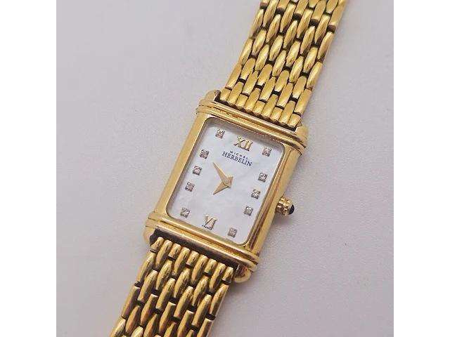 Michel herbelin goldplated tankhorloge met diamanten en parelmoer - afbeelding 1 van  7