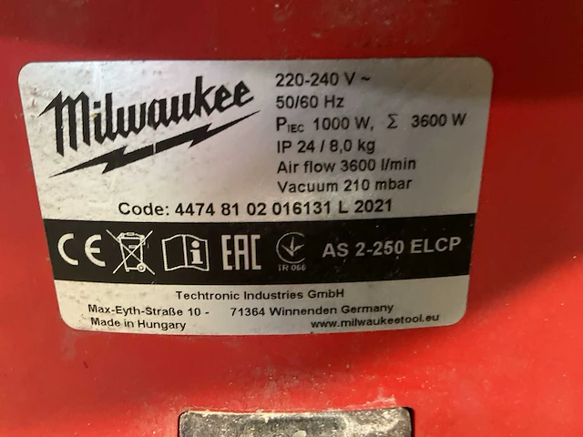 Milwaukee as 2-250 elcp industriële stofzuiger - afbeelding 3 van  3