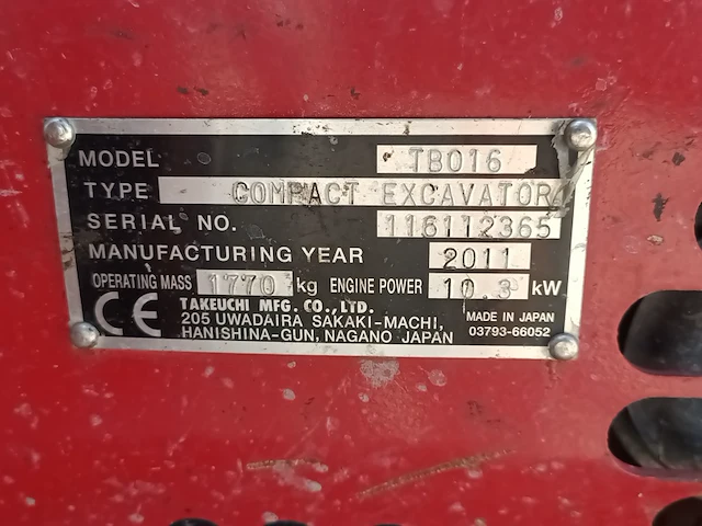 Mini graafmachine, takeuchi, tb016, 2011 - afbeelding 9 van  40