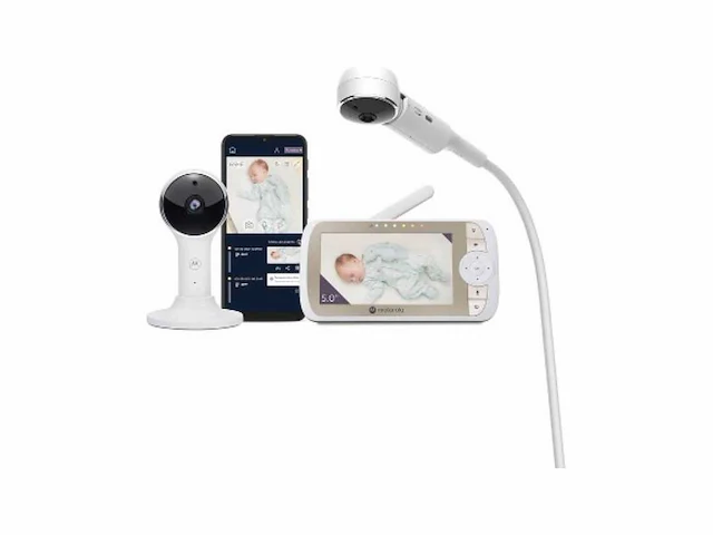 Motorola nursery vm65x connect - baby videomonitor met wiegbevestiging - 5 inch 1080p wi-fi - verbonden met motorola nursery app - flexibele magnetische camera montage - wit - afbeelding 1 van  2