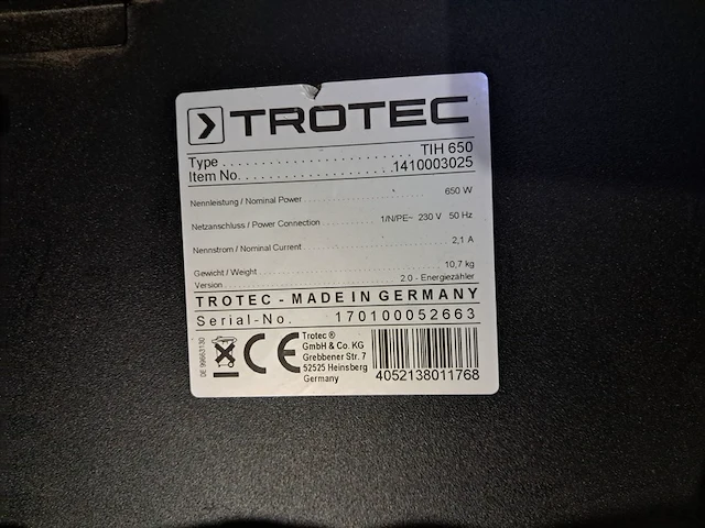 Muurdroger infrarood 230v trotec, tih 650, bouwjaar 2017 - afbeelding 5 van  5