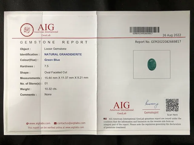 Naturel grandidieriet (groenblauw) 10,32 karaat - afbeelding 5 van  5