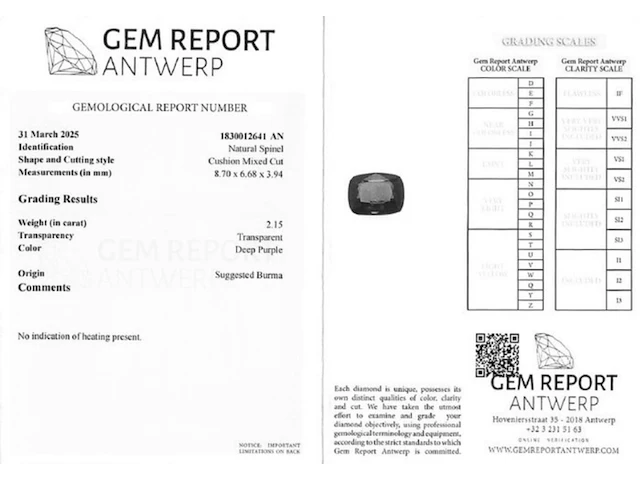 Natuurlijke burma spinel - 2.15ct, diep paars (één van de zeldzaamste kleuren bij spinel) - afbeelding 6 van  6
