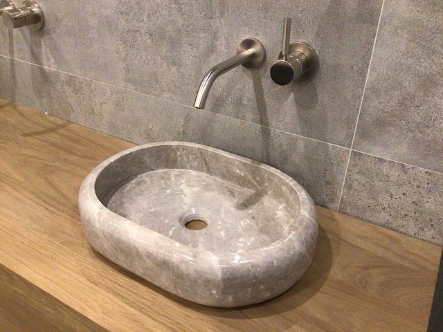Natuursteen marmer beige/grey oval waskom 47x34x10 cm - afbeelding 2 van  3
