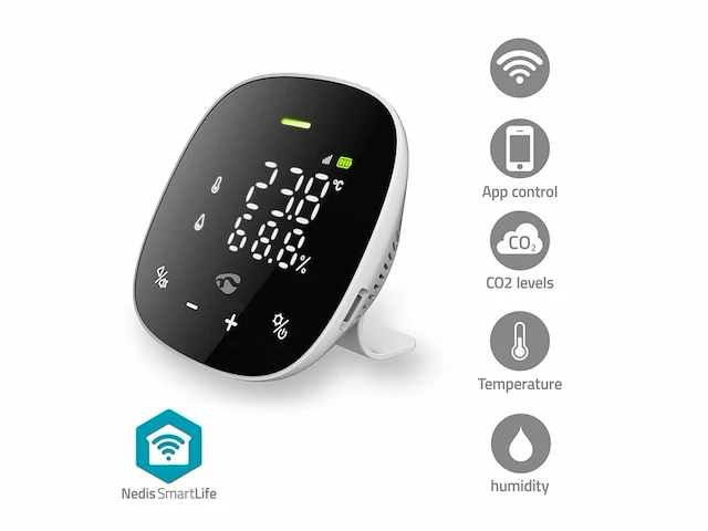 Nedis smartlife luchtkwaliteitsmonitor wifi inclusief display koolstofdioxide (co2) temperatuur vochtigheid android ios wit zwart - afbeelding 2 van  4